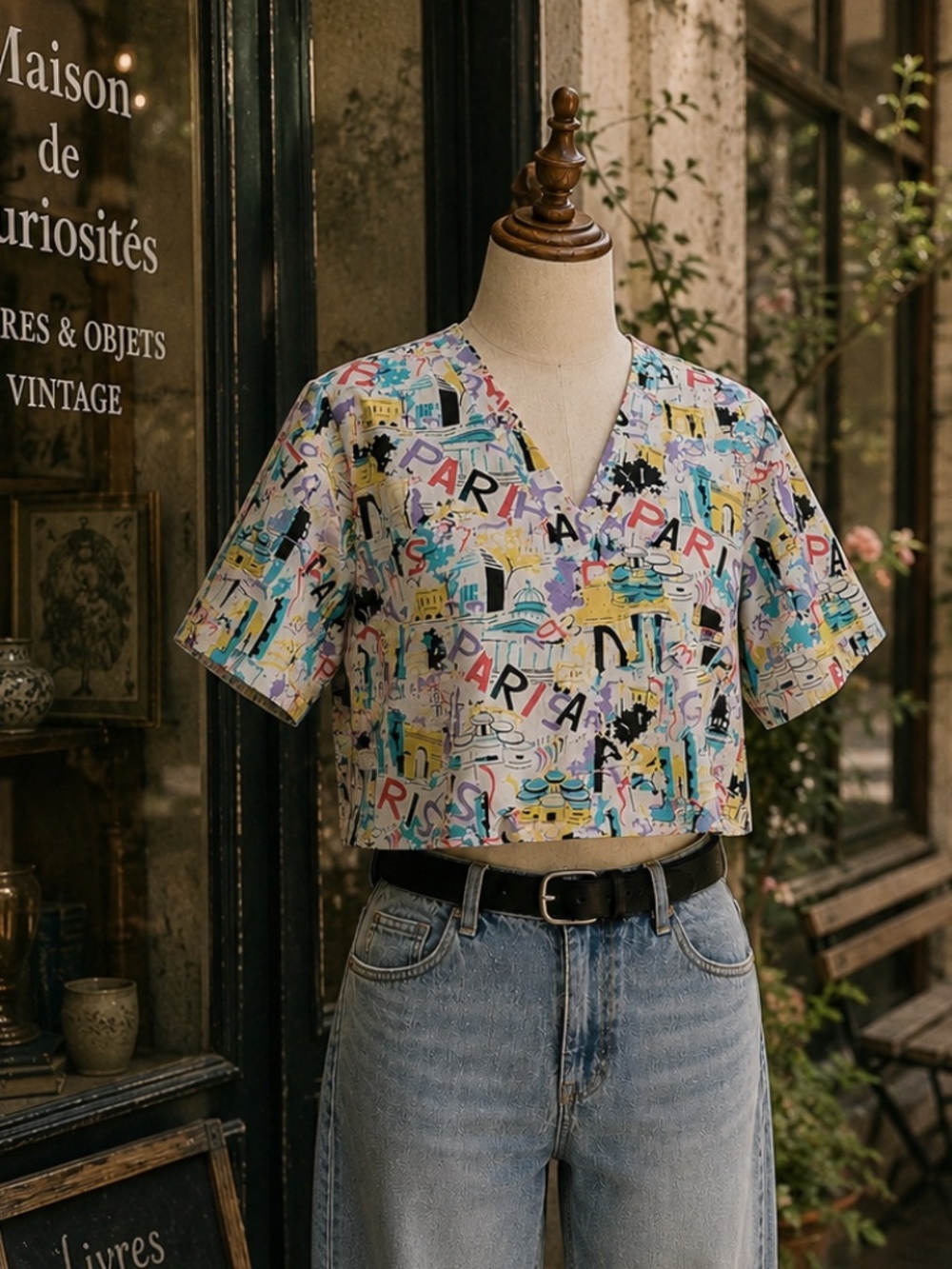 Paris Print Cropped Top Novelty Graphic Blouse Retro